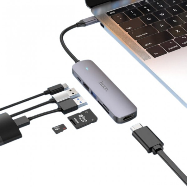  Type-C HUB Hoco HB28 Type-C to HDTV+2USB+SD+TF+PD Metal Gray