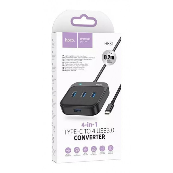  Type-C HUB Hoco HB31 4 in 1 Type-C to 4x USB30 02m Black