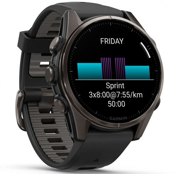  Смарт-часы Garmin Fenix 8 43mm AMOLED Sapphire Carbon Gray DLC Titanium Bezel with Black/Pebble Gray Silicone Band (010-02903-20/21/28)