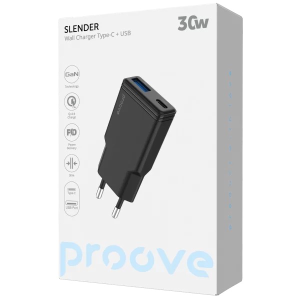  Мережевий зарядний пристрій Proove Slender 30W Type-C+USB Black (WCSL30110001)