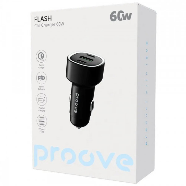  Автомобільний зарядний пристрій Proove Flash 60W 2Type-C+USB Black (CCFL60111201)