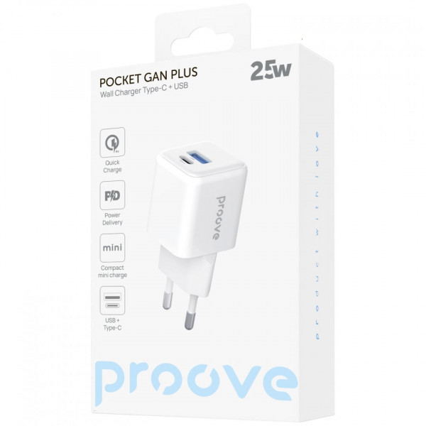  Мережевий зарядний пристрій Proove Pocket GaN Plus 25W Type-C+USB White (WCPG25111202)
