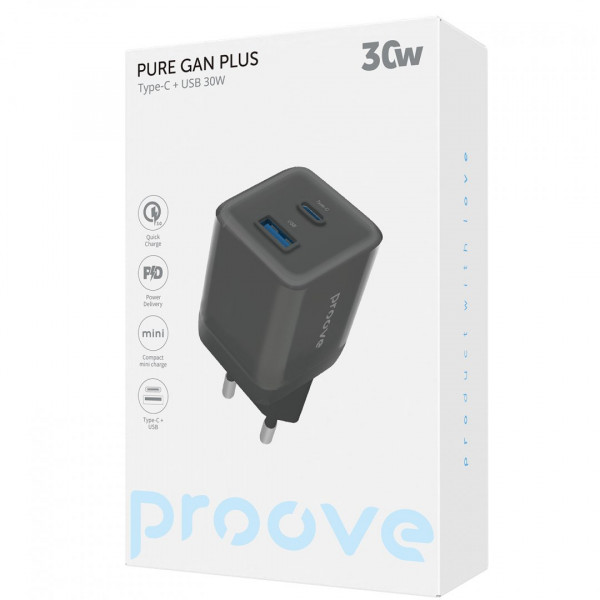  Мережевий зарядний пристрій Proove Pure GaN Plus 30W (Type-C + USB) Black (WCPU30111201)