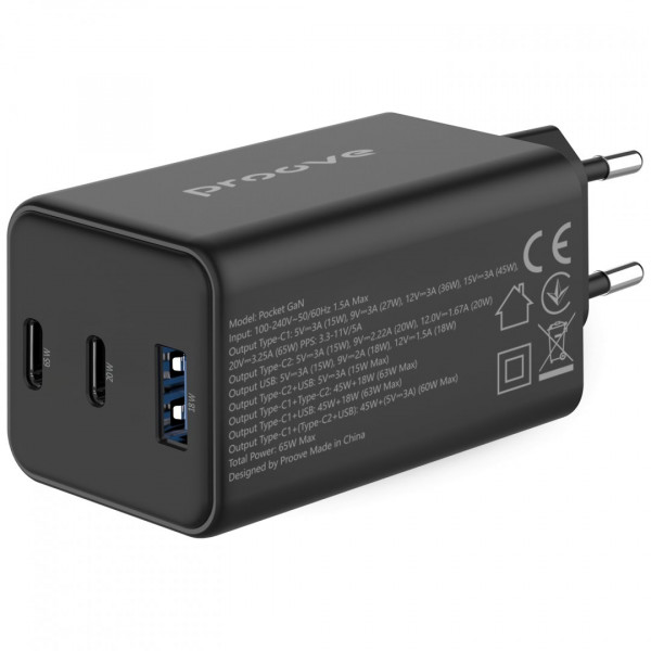  Мережевий зарядний пристрій Proove Pocket GaN 65W (2Type-C + USB) Black (WCPG65121201)