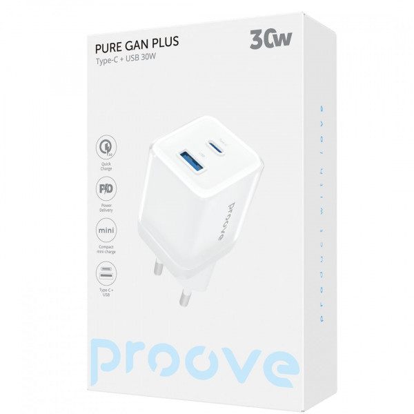  Мережевий зарядний пристрій Proove Pure GaN Plus 30W (Type-C + USB) White (WCPU30111202)