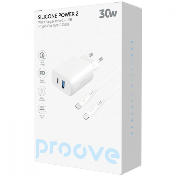 Мережевий зарядний пристрій Proove Silicone Power 2 30W (Type-C + USB) + кабель Type-C to Type-C (1m) White (WCSP23011002)
