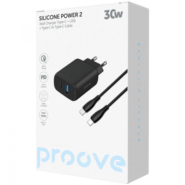  Мережевий зарядний пристрій Proove Silicone Power 2 30W (Type-C + USB) + кабель Type-C to Type-C (1m) Black (WCSP23011001)