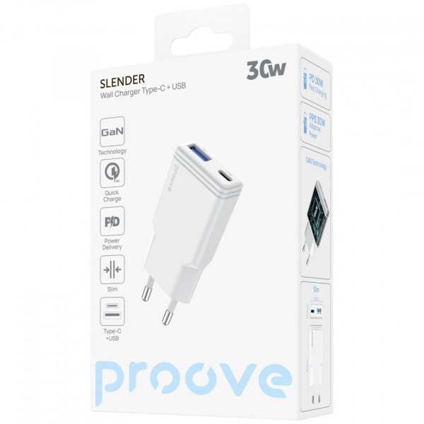 Сетевое зарядное устройство Proove Slender 30W Type-C+USB White (WCSL30110002)