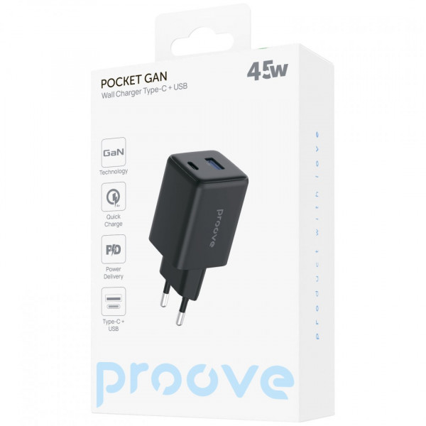  Мережевий зарядний пристрій Proove Pocket GaN 45W Type-C+USB Black (WCPG45110001)