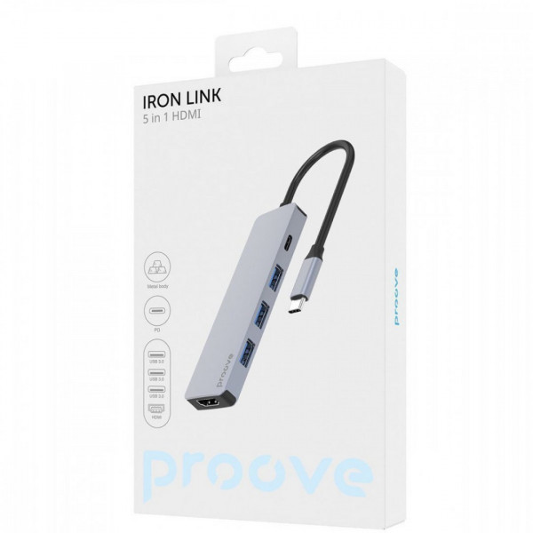  Type-C хаб Proove Iron Link 5 in 1 (3*USB30 + Type C + HDMI) Silver (HBIL00010604)
