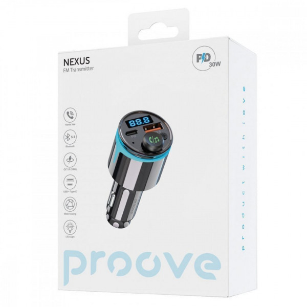  Автомобільний зарядний пристрій Proove FM Launcher Nexus 30W (PD+QC30) Type-C+USB Black (FMNX30110001)
