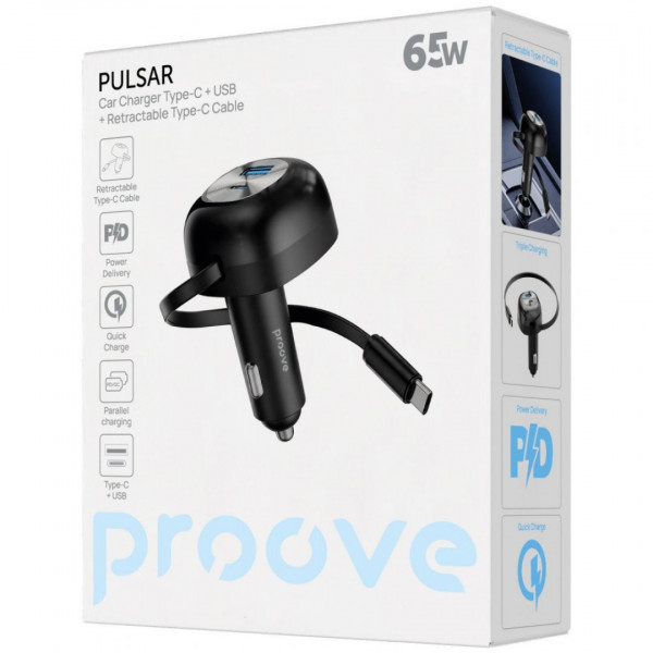  Автомобільний зарядний пристрій Proove Pulsar 65W (Type-C + USB) + Retractable Type-C Cable Black (CCPR65110001)