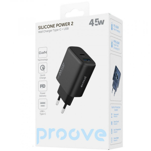  Мережевий зарядний пристрій Proove Silicone Power 2 45W (Type-C+USB) Black (WCSP24110001)