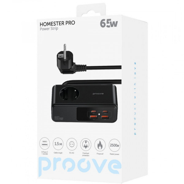  Мережевий фільтр Proove Homester Pro 65W (AC + 2xType-C + 2xUSB) 15m Black (PSHP25002201)