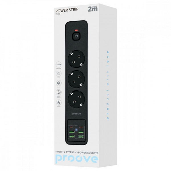  Мережевий фільтр Proove Power Strip P-03 (3 розетки + 4 USB + 2 Type-C) 2М Black (PSP342420001)