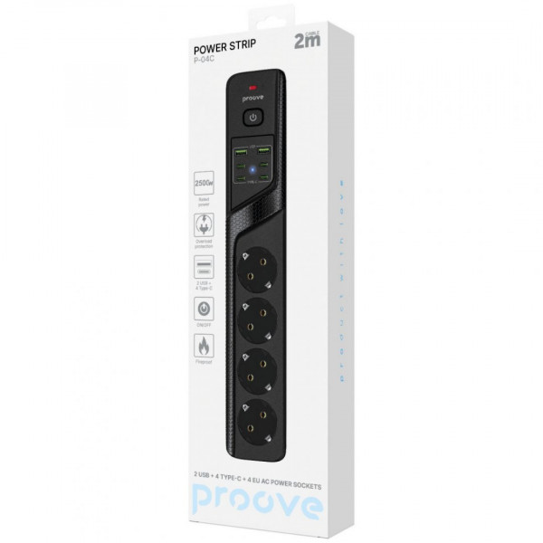  Мережевий фільтр Proove Power Strip P-04C (4 розетки + 2 USB + 4 Type-C) 2М Black (PSPS25002421)