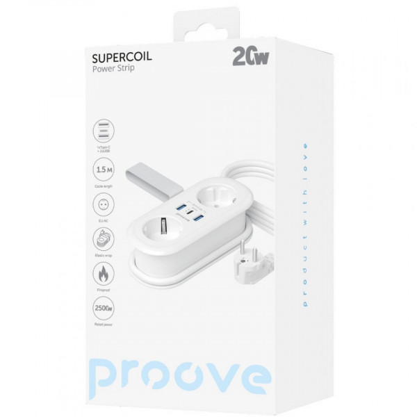  Мережевий фільтр Proove Supercoil 20W (2xAC + Type-C + 2xSB) 15m White (PSPS25002102)
