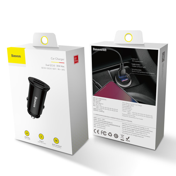 Автомобільний зарядний пристрій Baseus Circular Plastic QC 30 30W 2USB Black