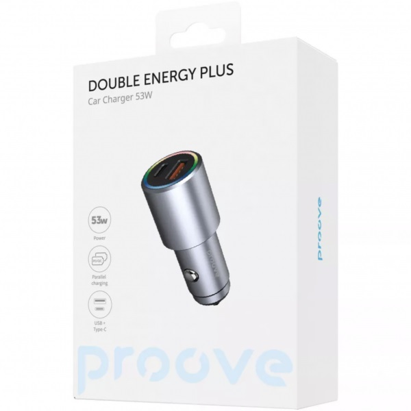  Автомобільний зарядний пристрій Proove Double Energy Plus 53W USB+Type-C Metal Gray (ACDE53110004)