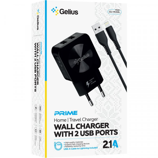  Мережевий зарядний пристрій Gelius Prime GU-HC02 2USB 21A 12W + кабель Lightning Black