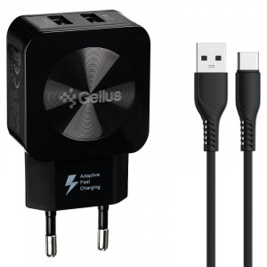  Мережевий зарядний пристрій Gelius Prime GU-HC02 2USB 21A 12W + кабель Type-C Black