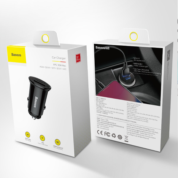  Автомобільний зарядний пристрій Baseus Circular Plastic PD30 QC 40+30W USB+Type-C Black
