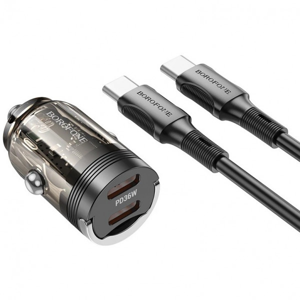  Автомобільний зарядний пристрій Borofone BZ29B PD36W + Type-C to Type-C Transparent Black