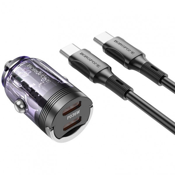  Автомобільний зарядний пристрій Borofone BZ29B PD36W + Type-C to Type-C Transparent Purple