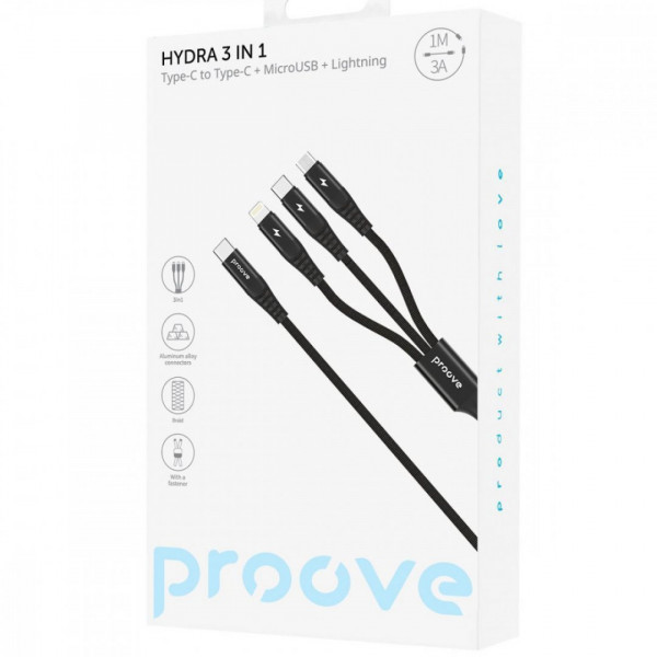  Кабель Proove Hydra 3 in1 Type-C + Micro USB + Lightning (1m) Black (CCHY15012101)