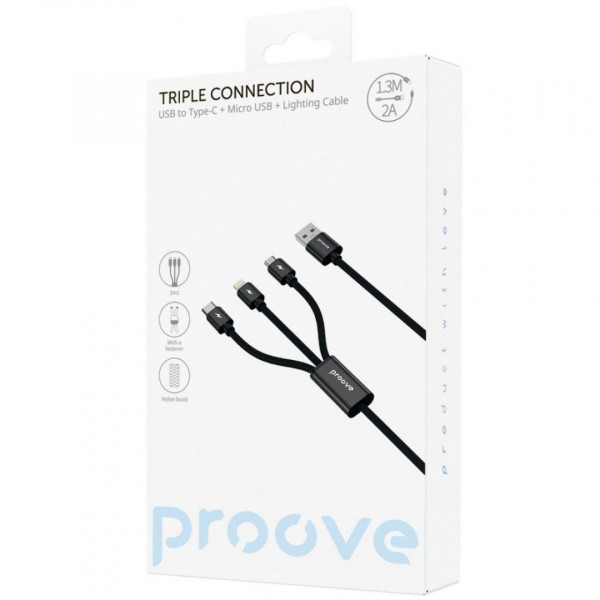  Кабель Proove Triple Connection 3 in 1 Type-C + Micro USB + Lightning (13m) Black (CCTC15001501)