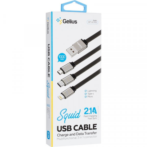  Кабель USB Gelius Squid GP-UC102 3in1 MicroUSB/Lightning/Type-C 1м (12W) Black
