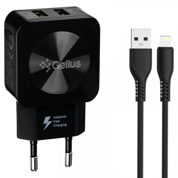  Мережевий зарядний пристрій Gelius Prime GU-HC02 2USB 21A 12W + кабель Lightning Black