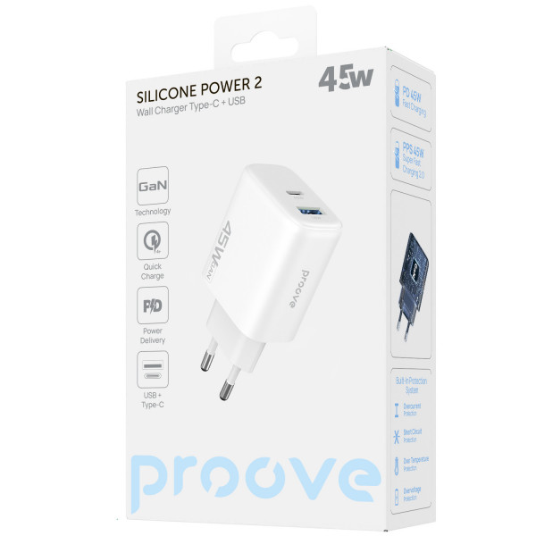  Мережевий зарядний пристрій Proove Silicone Power 2 45W (Type-C+USB) White (WCSP24110002)