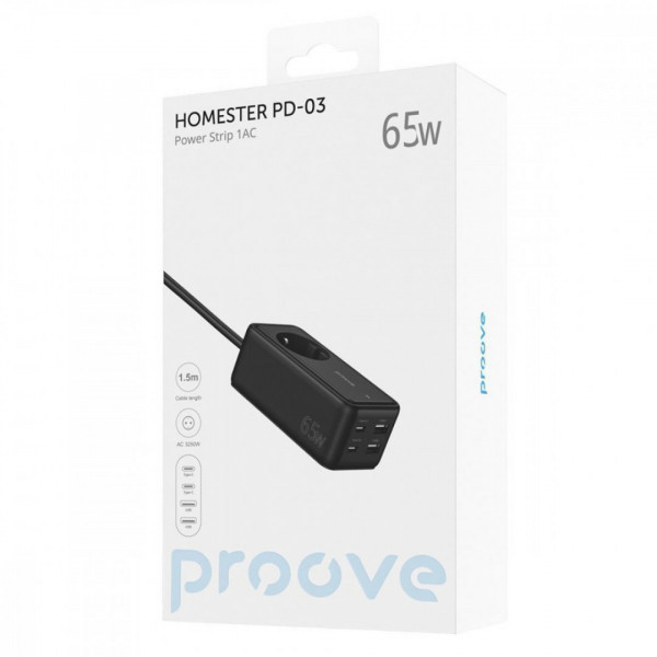  Мережевий фільтр Proove Power Strip Homester PD-03 1AC 65W (2 Type-C + 2USB) Black (PSP165220001)