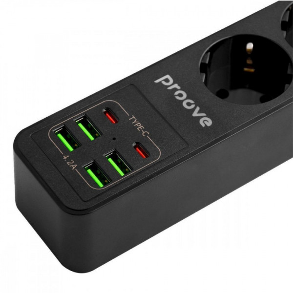  Мережевий фільтр Proove Power Strip P-03 (3 розетки + 4 USB + 2 Type-C) 2М Black (PSP342420001)