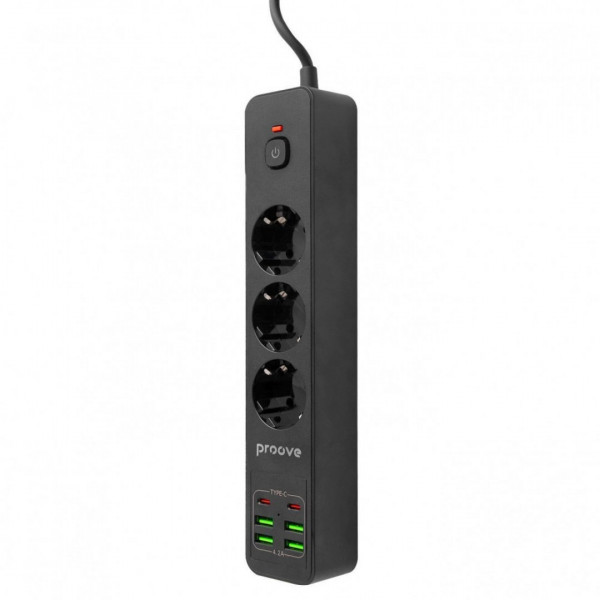  Мережевий фільтр Proove Power Strip P-03 (3 розетки + 4 USB + 2 Type-C) 2М Black (PSP342420001)