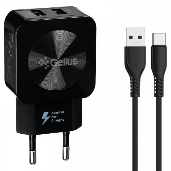 Сетевое зарядное устройство Gelius Prime GU-HC02 2USB 21A 12W + кабель Type-C Black